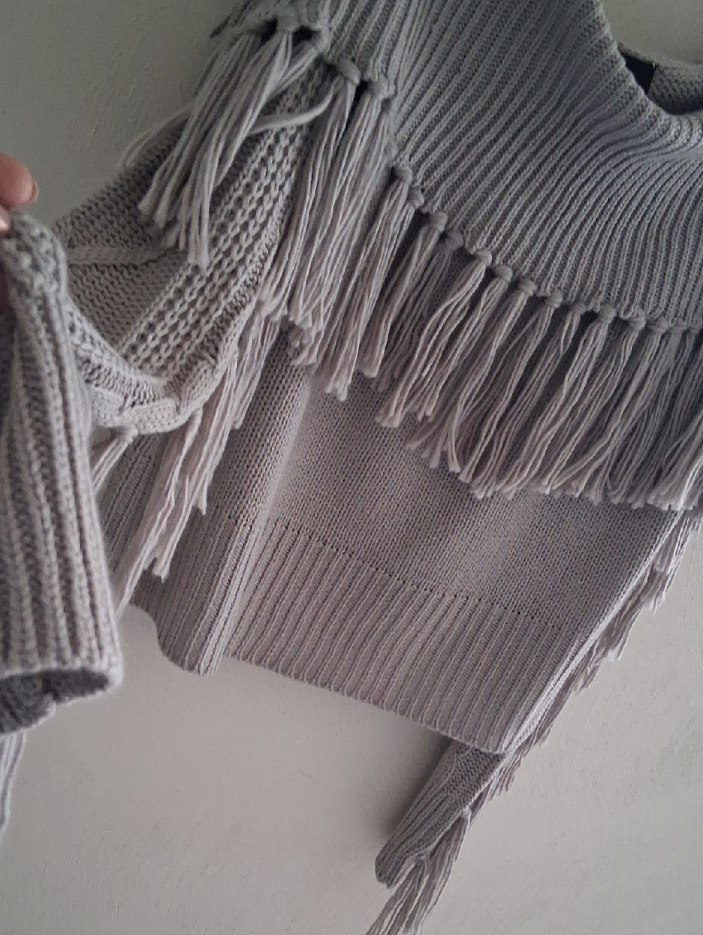 Fringed Knit Sweater - Light Gray